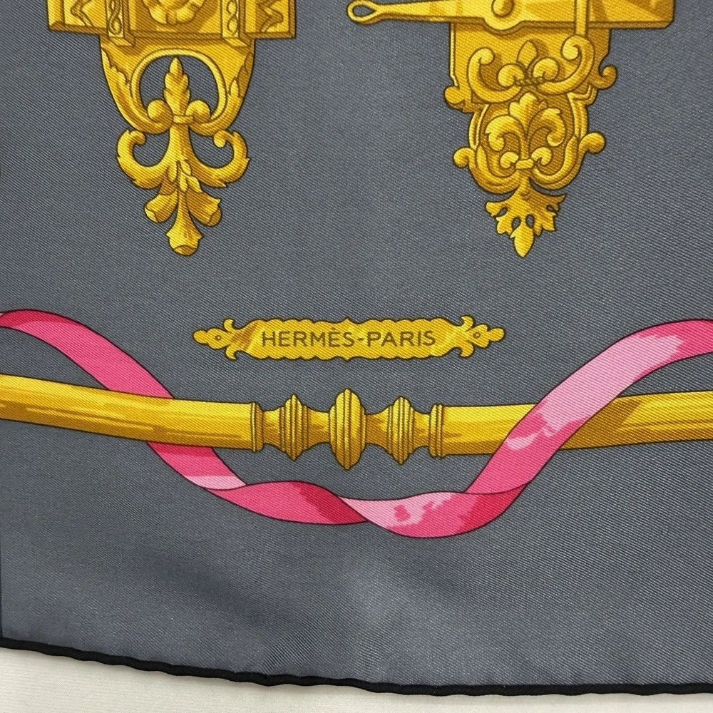 Hermes 100% Silk Scarf Ferronnerie By Caty Black Gray Gold Pink 25 1/2
